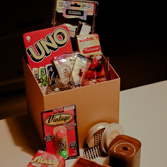 Retro Date Night Gift Set: Game Night Box with Wine Glasses Kodak Camera